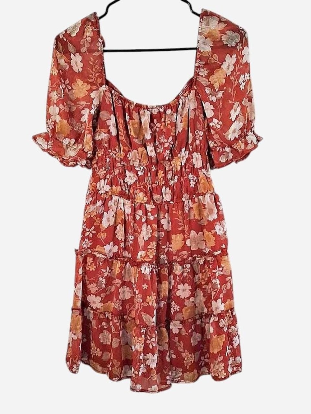 Trixxi Rust Floral Puff-Sleeve Tiered Sundress